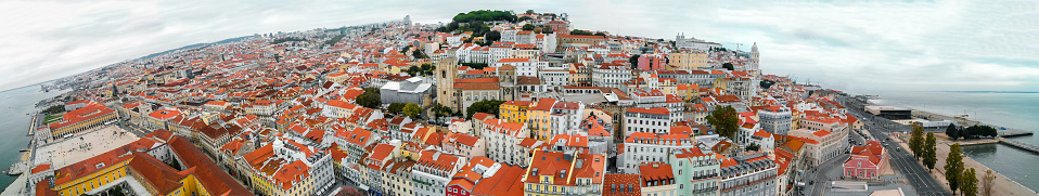 Panoramic aerial view of Lisbon skyline at dusk, Portugal.