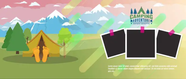 Vector illustration of Camping concept flat horizontal banner. Tourism advertisement layout with photo frames. Vector illustration