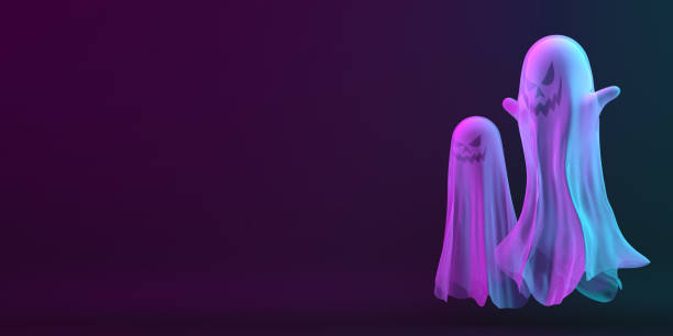 istock Ghost on black blue purple background, vibrant color, neon flourescent. copy space text area.  Design creative concept of happy halloween celebration holiday. 1177163200