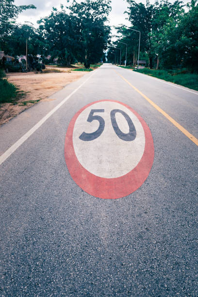 istock 50 mph speed limit sign painted on road 1177165510