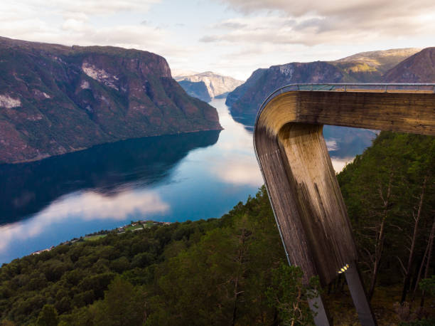 Aerial view. Fjord landscape at Stegastein viewpoint Norway Aerial view. Aurlandsfjord landscape from Stegastein viewing point, early morning. Norway Scandinavia. National tourist route Aurlandsfjellet. stegastein viewpoint stock pictures, royalty-free photos & images