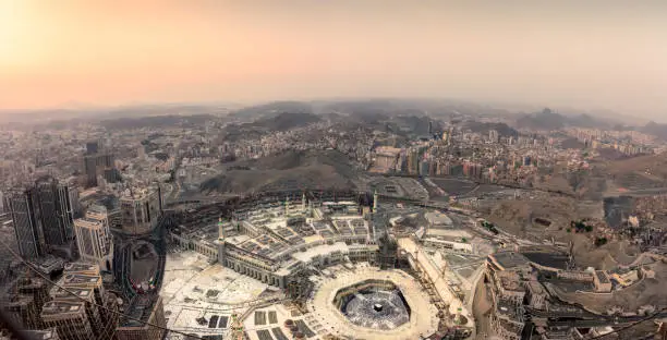 The holy mosque and Makkah city view from the top of Makkah clock tower during sunset, Saudi Arabia