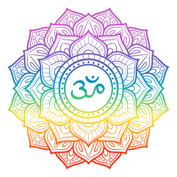 ilustraciones, imágenes clip art, dibujos animados e iconos de stock de rainbow mandala, símbolo de chakra de la corona de sahasrara, adorno decorativo, ilustración vectorial - lotus