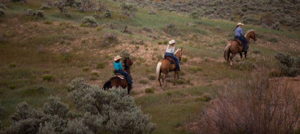 rancher auf pferden in utah, usa - horse panoramic scenics prairie stock-fotos und bilder