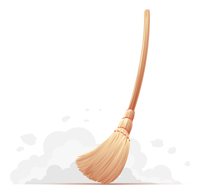 One big yellow broom sweep floor with long wooden handle isolated, household implement from dust and dirt