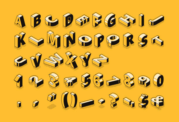 Isometric font letters halftone vector illustration Isometric letters halftone font vector illustration of thin line cartoon abstract alphabet typography, numbers and symbols or signs in geometric shape 3D style on yellow background digital enhancement stock illustrations