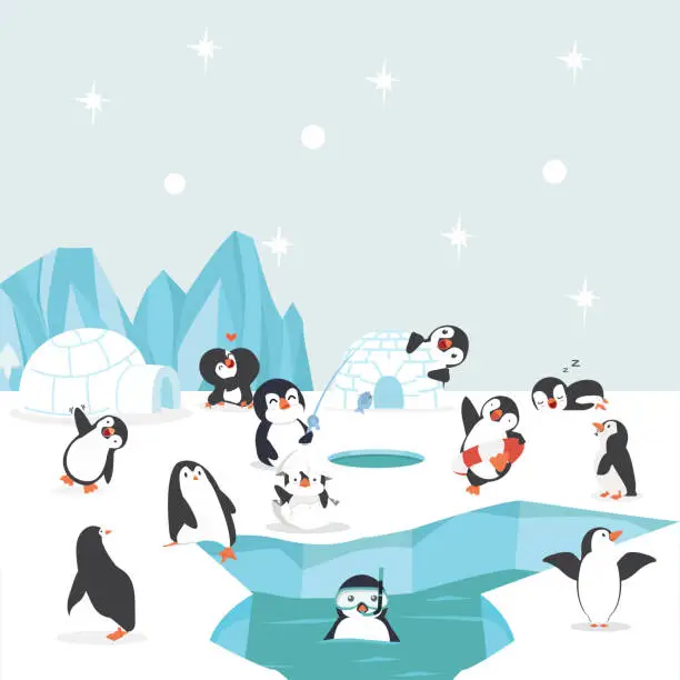 Vector illustration of group of penguins north pole Arctic  in the ocean