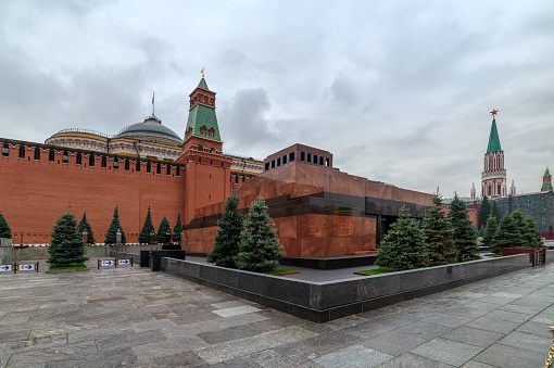 Moscow, Russia - April 1, 2022: Panoramic view of Moscow Kremlin with Spassky Tower in center city on Red Square, Moscow, Russia.