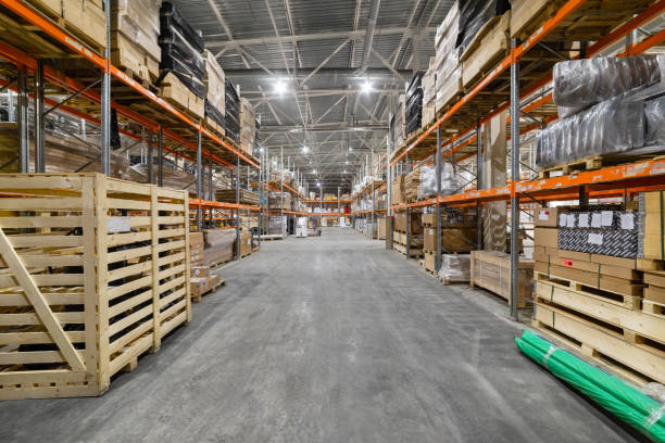 istock Long shelves with a variety of boxes and containers. 1177176169