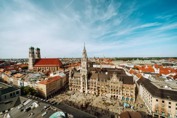 Panorama of Marienplatz square with New Town Hall and Frauenkirche (Cathedral of Our Lady).