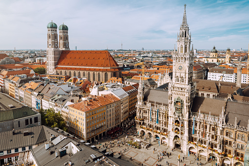 Panorama of Marienplatz square with New Town Hall and Frauenkirche (Cathedral of Our Lady).