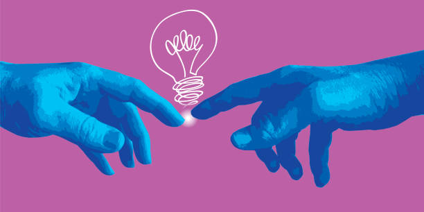 Concept of creation and communication, with the hands of Adam and God who finds an idea. Concept of creation with the hand of Michelangelo who by pointing the finger finds an idea, symbolized by a light bulb. origins stock illustrations