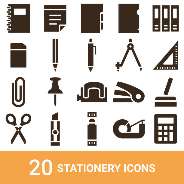 produktsymbol, briefpapier, silhouette, 20 sets - ruler ballpoint pen pen isolated stock-grafiken, -clipart, -cartoons und -symbole