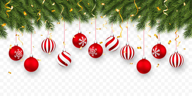 festliche weihnachten oder neujahr hintergrund. weihnachtstannenzweige mit konfetti und xmas roten kugeln. der hintergrund des urlaubs. vektor-illustration - weihnachtskugel stock-grafiken, -clipart, -cartoons und -symbole