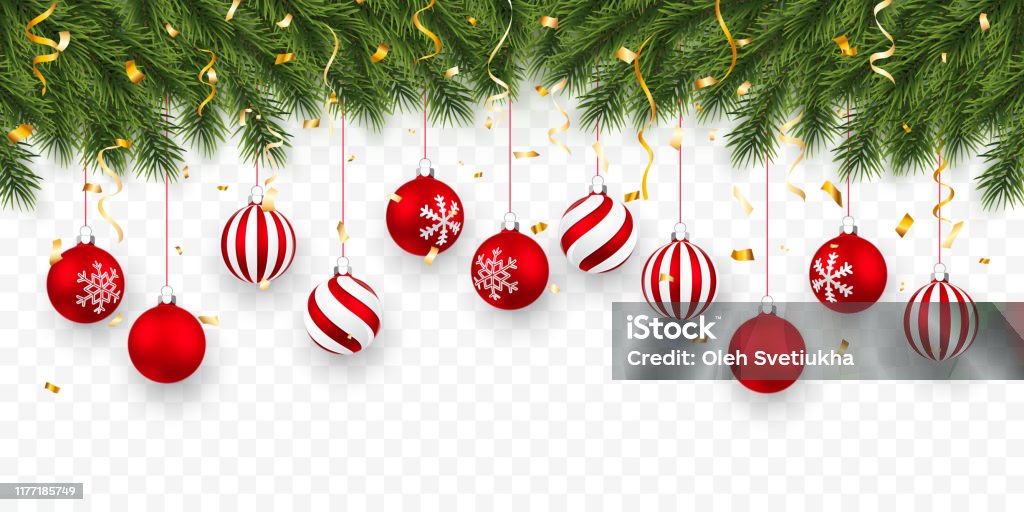 Contexte festif de Noel ou de nouvel an. Branches de sapin-arbre de Noel avec des confettis et des boules rouges de Noel. Contexte des Fêtes. Illustration de vecteur - clipart vectoriel de Boule de Noël libre de droits