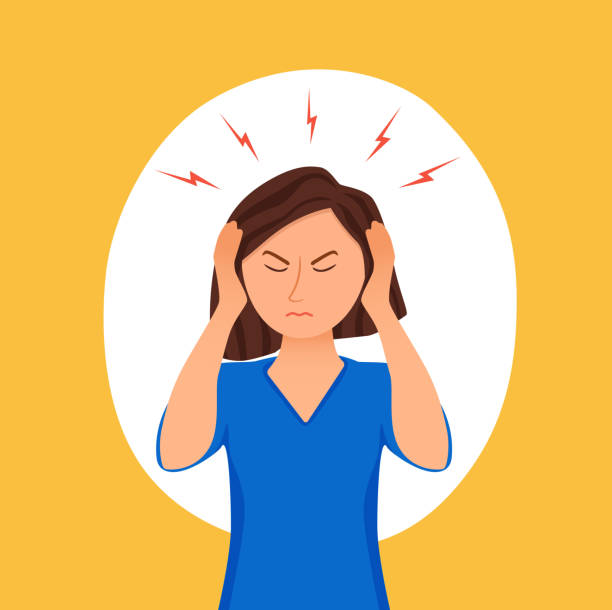 Young woman having headache cartoon illustration. Stressed girl portrait Young woman having headache cartoon illustration. Stressed girl portrait pressing hands to her forehead feeling pain and migraine vector concept for medicine health care design. woman pushing tire stock illustrations