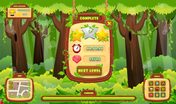 Jungle Game GUI Set of user interface elements with jungle theme for creating adventure video games wooden game assets stock illustrations