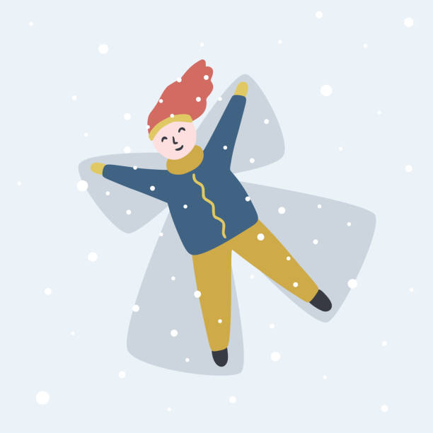 Snow angel girl vector illustration. Cute winter greeting card with female making wings. Merry Christmas concept Snow angel girl vector illustration. Cute winter greeting card with female making wings. Merry Christmas concept snow angels stock illustrations