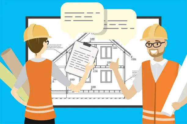 Vector illustration of Two engineers or architect are talking, board with house plan or scheme on background.