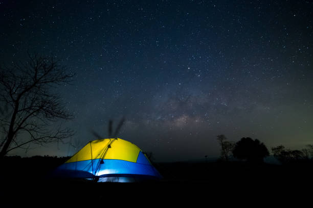 istock Camping in the forest at night with star 1177200875