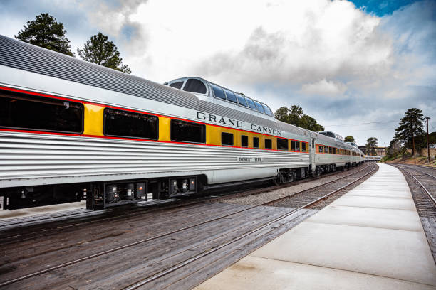 Barstow, California, United States - August 31, 2023: Tracks and sign of train station in Barstow, California