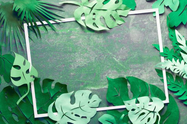 istock Paper craft background, frame with exotic tropical leaves with text space on dark 1177202322