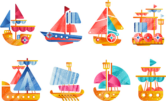 Colorful Ship Different Vessels Set Smal Colorful Ships Flat Vector Illustrations On ...
