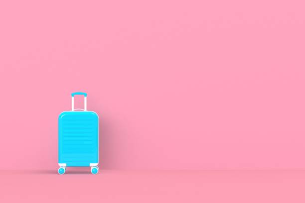 istock Modern blue suitcases bag on pink background. Travel concept. Vacation trip. Copy space. Minimal style. 3D rendering illustration 1177202579