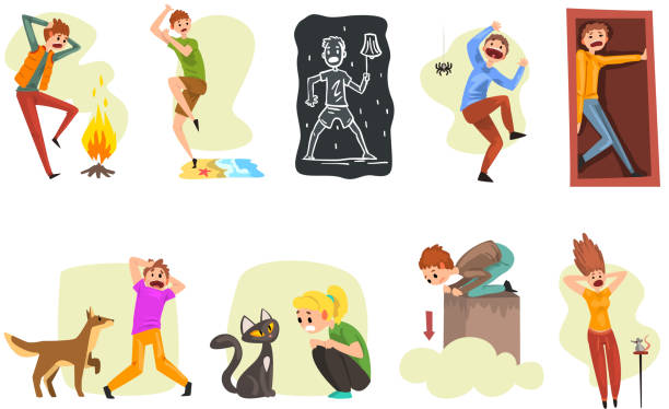 ilustrações de stock, clip art, desenhos animados e ícones de people suffering from various phobias set, arachnophobia, claustrophobia, musophobia, cynophobia, nyctophobia, pyrophobia, ailurophobia, acrophobia, hydrophobia vector illustrations - musophobia