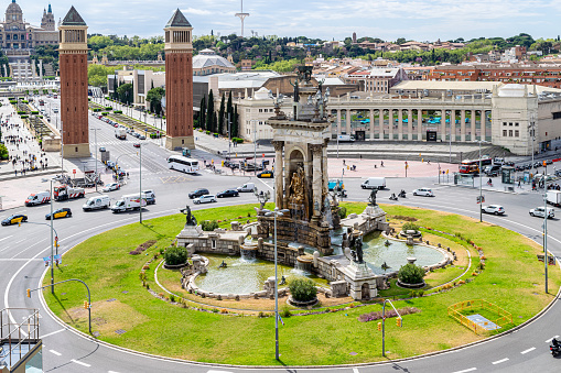 BARCELONA, SPAIN - APRIL 9, 2019: The fountain at the centre of the Placa d'Espanya.