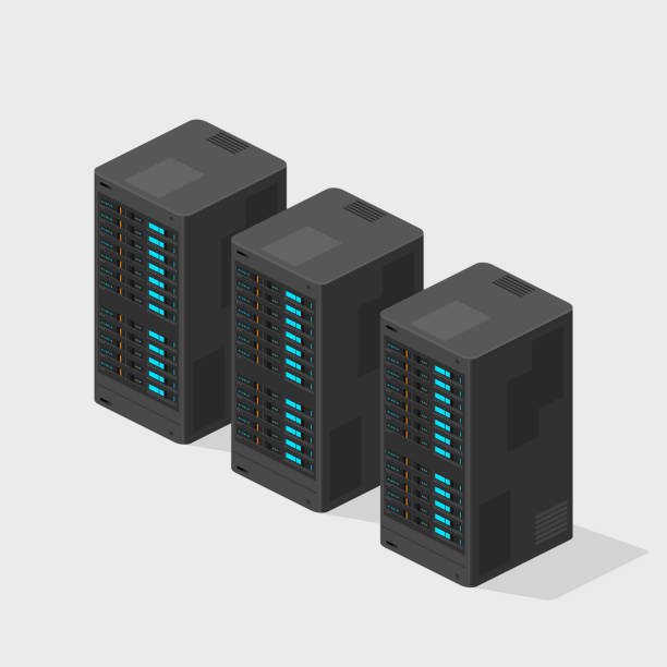 Flat Isometric Servers Computer Hardware Network Vector Icon Computing mainframe for archive and data storage fileserver stock illustrations