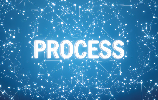 Process on digital interface and blue network background