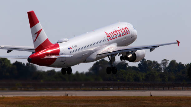OE-LBJ Austrian Airlines Airbus A320-214 aircraft departing from the Borispol International Airport stock photo