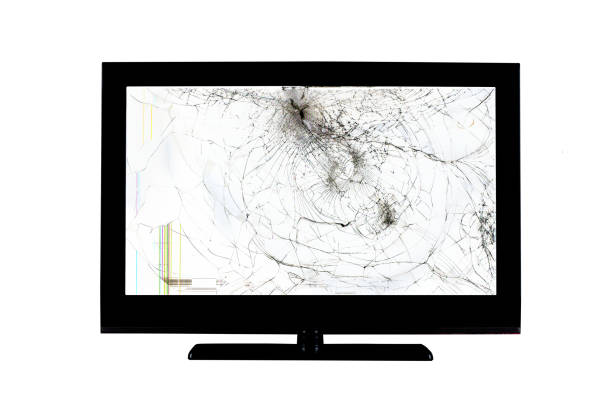 白い背景に隔離された液晶ディスプレイ、コンピュータモニタまたはフルhdテレビの黒い壊れた画面に着色されたストライプや亀裂 - computer monitor computer liquid crystal display visual screen ストックフォトと画像
