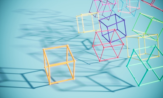 Falling Independent colorful units with chaotic shadows symbolizing decentralization, can be used decentralization, blockchain, cryptocurrency concepts. ( 3d render )