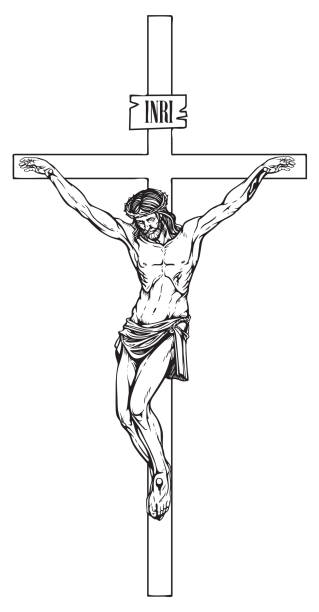 Crucifixion of Jesus Christ, a religious symbol Vector illustration of the religious symbol crucifixion. Jesus Christ, the Son of God with a crown of thorns on his head, a Catholic symbol. Cross with crucifix and inscription INRI, pencil drawing. crucifix illustrations stock illustrations