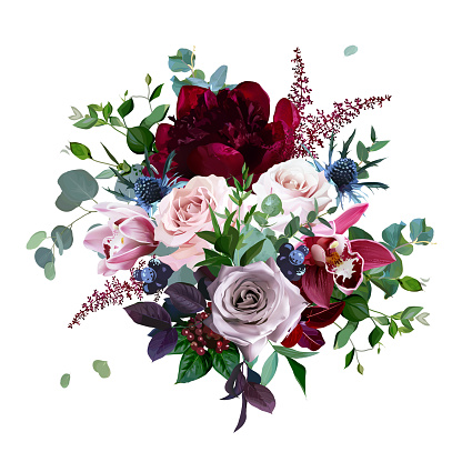 Luxury fall flowers vector bouquet. Cymbidium orchid flower, dusty, mauve rose, burgundy red peony, navy blue thistle, astilbe, greenery and berry.Autumn wedding bunch of flowers Isolated and editable