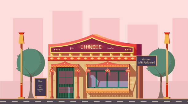 городской китайский ресторан еды, вектор мультфильма кафе - urban scene small city banner stock illustrations