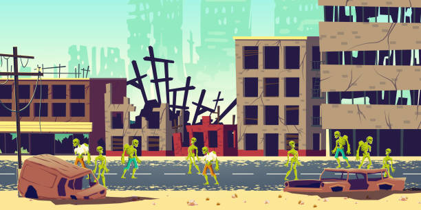 Zombie apocalypse in city cartoon vector concept Zombie apocalypse in city concept. Lining dead, scarifying human mutants, monsters from hell walking on streets among destroyed, ruined buildings in abandoned metropolis cartoon vector illustration burned corpse stock illustrations