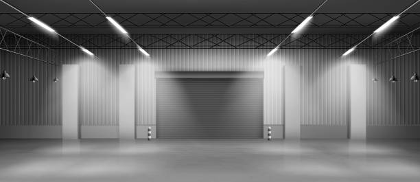 Empty warehouse hangar interior realistic vector Empty industrial warehouse interior with concrete flooring, illuminating lamps on ceiling, rolling shatter gates. Delivery service storehouse, rental storage facility 3d realistic vector illustration roll a door stock illustrations
