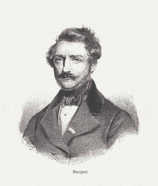 Gaetano Donizetti (1797-1848), Italian composer, wood engraving, published in 1885 Gaetano Donizetti (1797 - 1848) - Italian composer. He was one of the most important opera composers of the bel canto. Wood engraving after a contemporary lithograph, published in 1885. opera stock illustrations