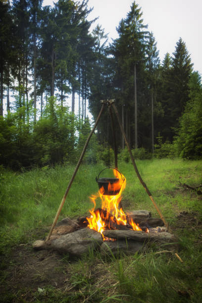 istock Cooking in cauldron on fire.  Camping in the case.  Preparing food in case on fire. 1177222567