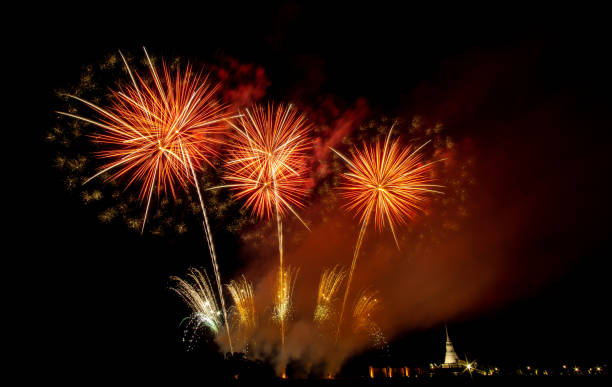 istock Huge, colorful fireworks over the rice fields at dusk. 1177222877