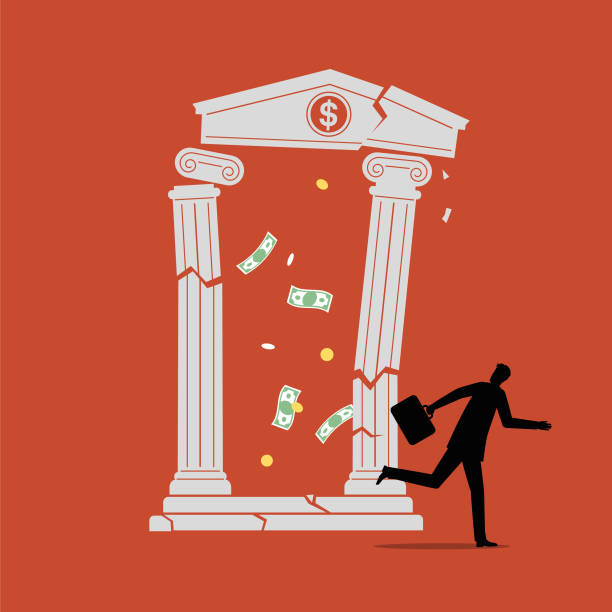 Illustration of a customer running away as his bank collapses vector art illustration