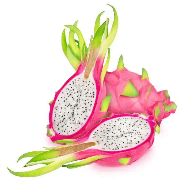 Composition with whole and cutted tropic dragonfruits with leaves isolated on white background. With clipping path.