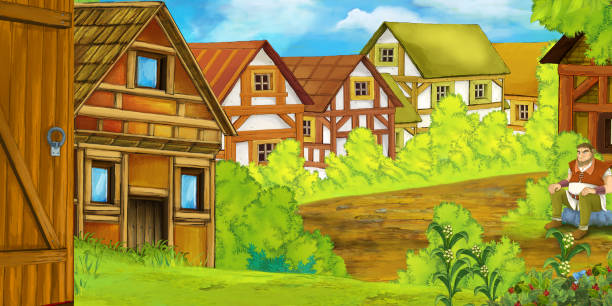 Cartoon Summer Scene With Path To The Farm Village With Farmer Stock  Illustration - Download Image Now - iStock