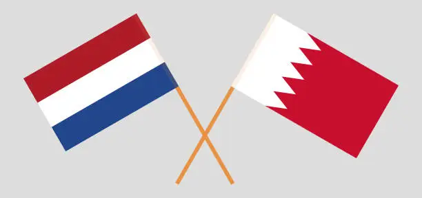 Vector illustration of Bahrain and Netherlands. Crossed Bahraini and Netherlandish flags