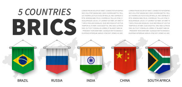 ilustraciones, imágenes clip art, dibujos animados e iconos de stock de brics. asociación de 5 países. diseño colgante de banderín realista 3d. fondo blanco aislado y mapa de país. vector. - brics