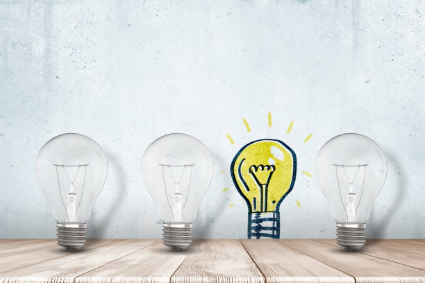 3d rendering of three electric bulbs at the wall with one more bulb drawn on it.