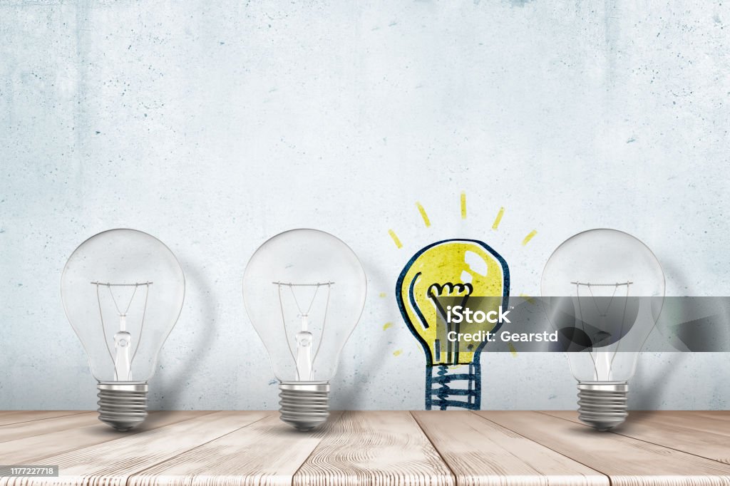 3d rendering of three electric bulbs at the wall with one more bulb drawn on it. 3d rendering of three electric bulbs at the wall with one more bulb drawn on it. Come up with new ideas. Enlighten world. Find new methods. Resourceful Stock Photo